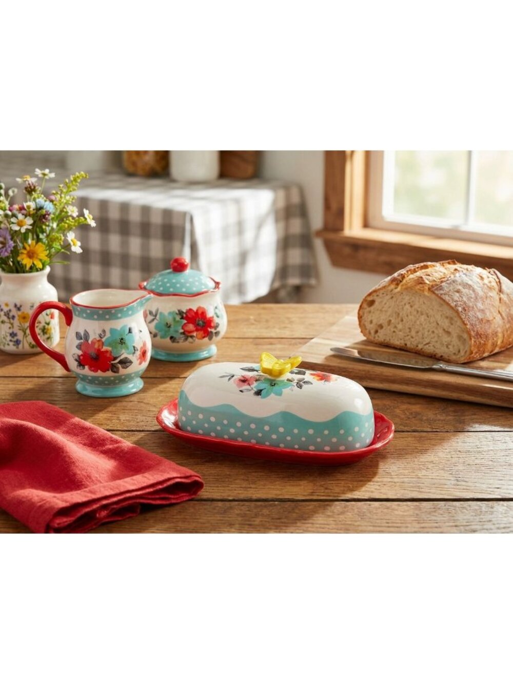 Pioneer Woman Ceramic Butter Dish Lid Floral Butterfly Polka Dot Farmhouse